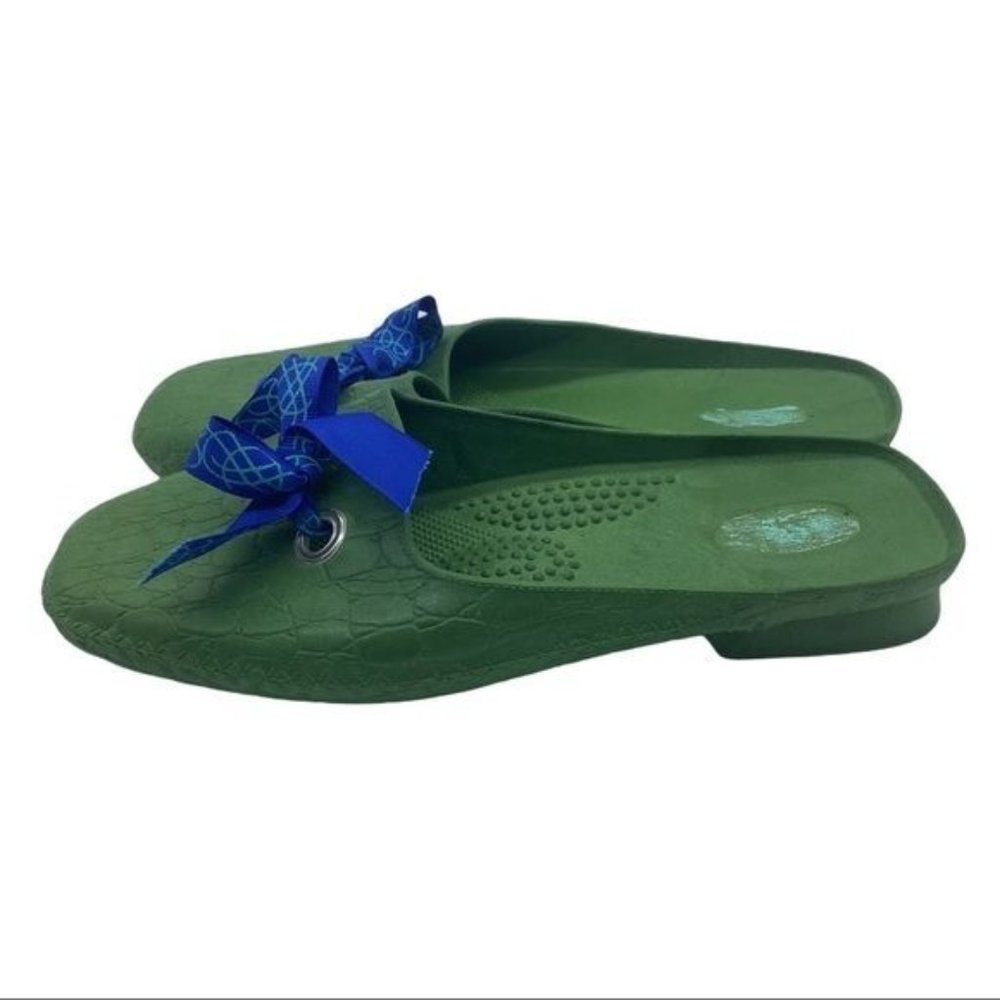 Oka-B Slip On Comfort Mules Women Medium/Large (8.5-11) Green Crocodile‎ Pattern